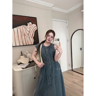 Váy Đầm Bò Cổ Tròn Tay Hến Dáng Dài Chun Eo KhanhLe, Váy Nữ Đi Chơi Cá Tính Denim
