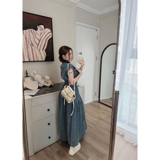Váy Đầm Bò Cổ Tròn Tay Hến Dáng Dài Chun Eo KhanhLe, Váy Nữ Đi Chơi Cá Tính Denim