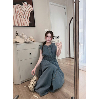 Váy Đầm Bò Cổ Tròn Tay Hến Dáng Dài Chun Eo KhanhLe, Váy Nữ Đi Chơi Cá Tính Denim