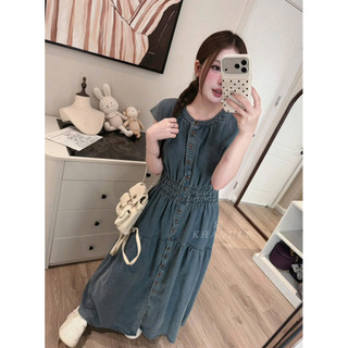 Váy Đầm Bò Cổ Tròn Tay Hến Dáng Dài Chun Eo KhanhLe, Váy Nữ Đi Chơi Cá Tính Denim
