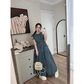 Váy Đầm Bò Cổ Tròn Tay Hến Dáng Dài Chun Eo KhanhLe, Váy Nữ Đi Chơi Cá Tính Denim