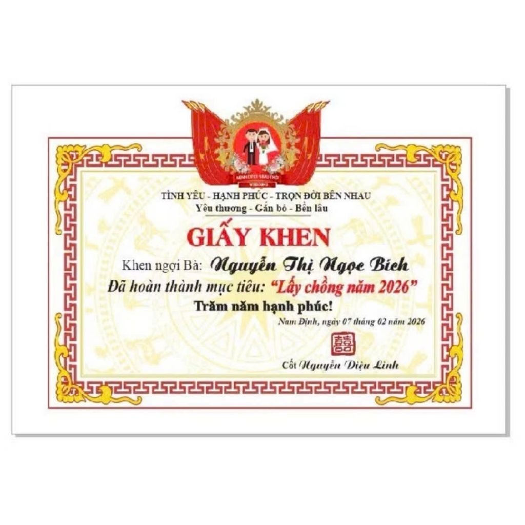 (Mẫu mới)SIÊU KHỔNG LỒ _ GIẤY KHEN MỪNG CƯỚI in theo yêu cầu