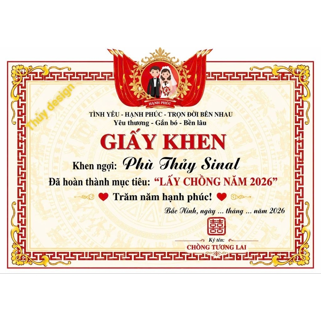 (Mẫu mới)SIÊU KHỔNG LỒ _ GIẤY KHEN MỪNG CƯỚI in theo yêu cầu