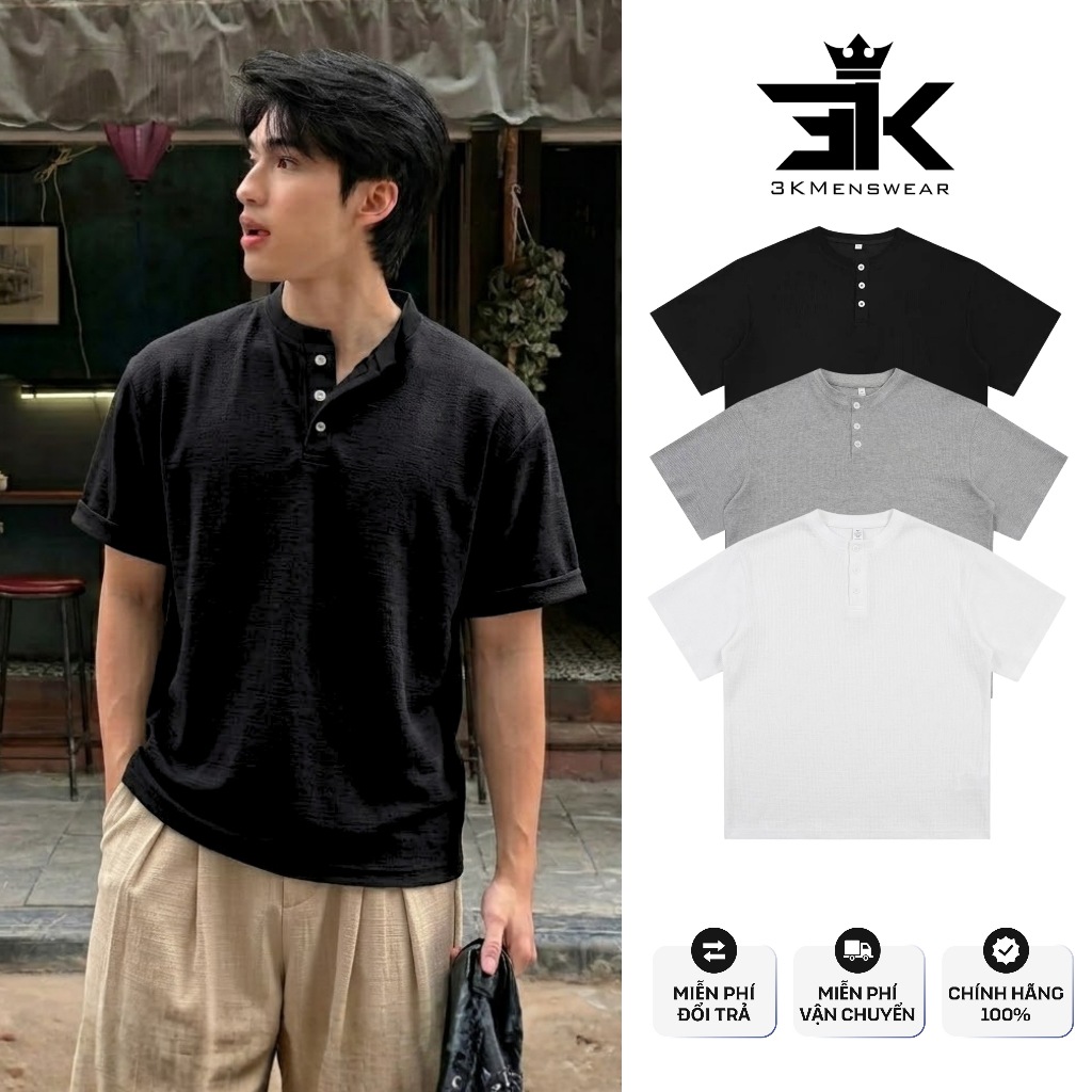 Áo thun cổ trụ 3KMENSWEAR áo thun cổ 10cm form rộng tay ngắn chất liệu tổ ong thoáng mát
