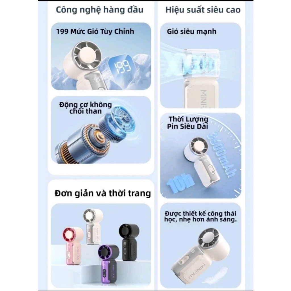 Quạt Mini Turbo 199 Cấp Gió – Siêu Mạnh Siêu Nhỏ, Pin Bền, Sạc Type-C, Quạt Cầm Tay Du Lịch