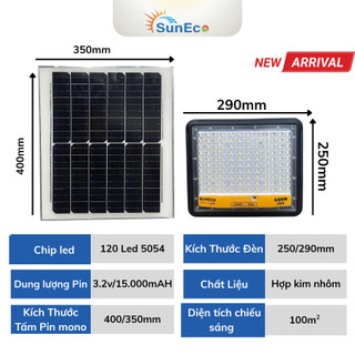 Đèn pha năng lượng mặt trời 500W Mắt Ngọc SUNECO - 120 LED Chống Lóa, Vỏ nhôm nguyên khối