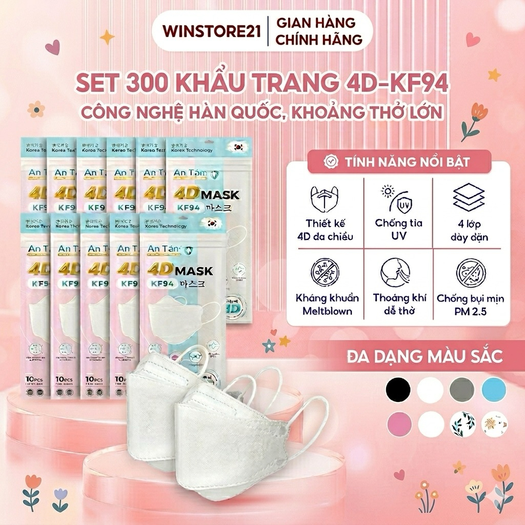 KF94 4D MASK - Thùng  300 Khẩu Trang Y Tế 4D chính hãng An Tâm 4 lớp chống mờ kính không lem son môi