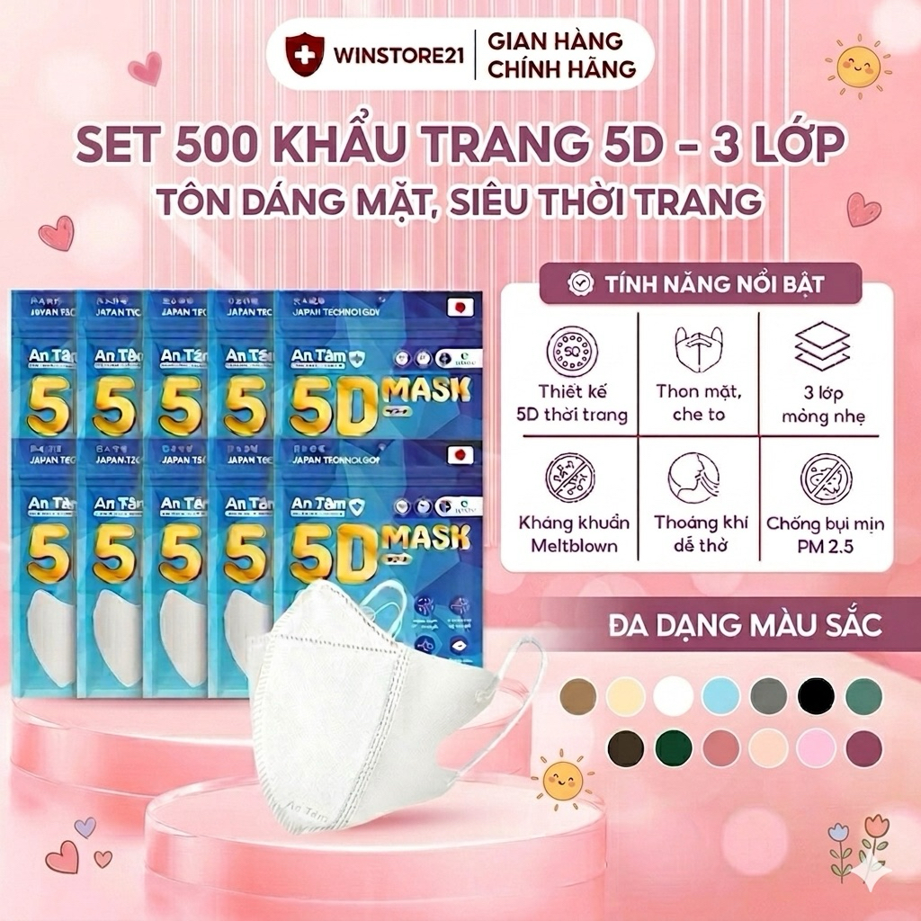 5D MASK - Set 500 cái Khẩu trang 3 lớp kháng khuẩn chính hãng An Tâm ôm sát khuôn mặt, bảo vệ tối ưu
