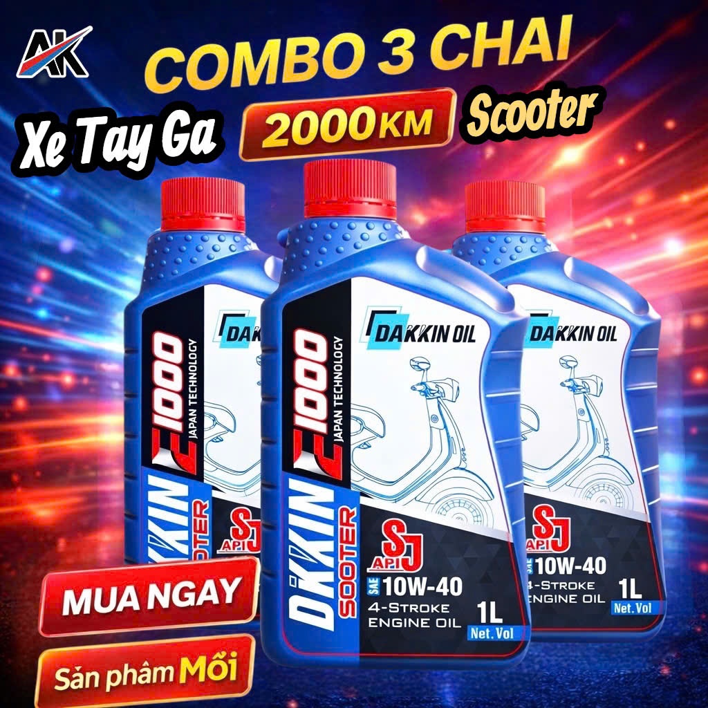 COMBO 3 CHAI DẦU NHỚT DAKKIN SCOOTER E1000 10W40 SJ 1L