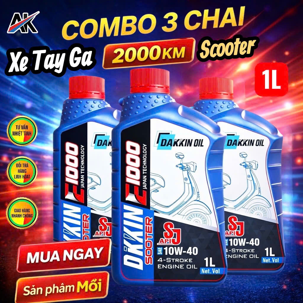 COMBO 3 CHAI DẦU NHỚT DAKKIN SCOOTER E1000 10W40 SJ 1L