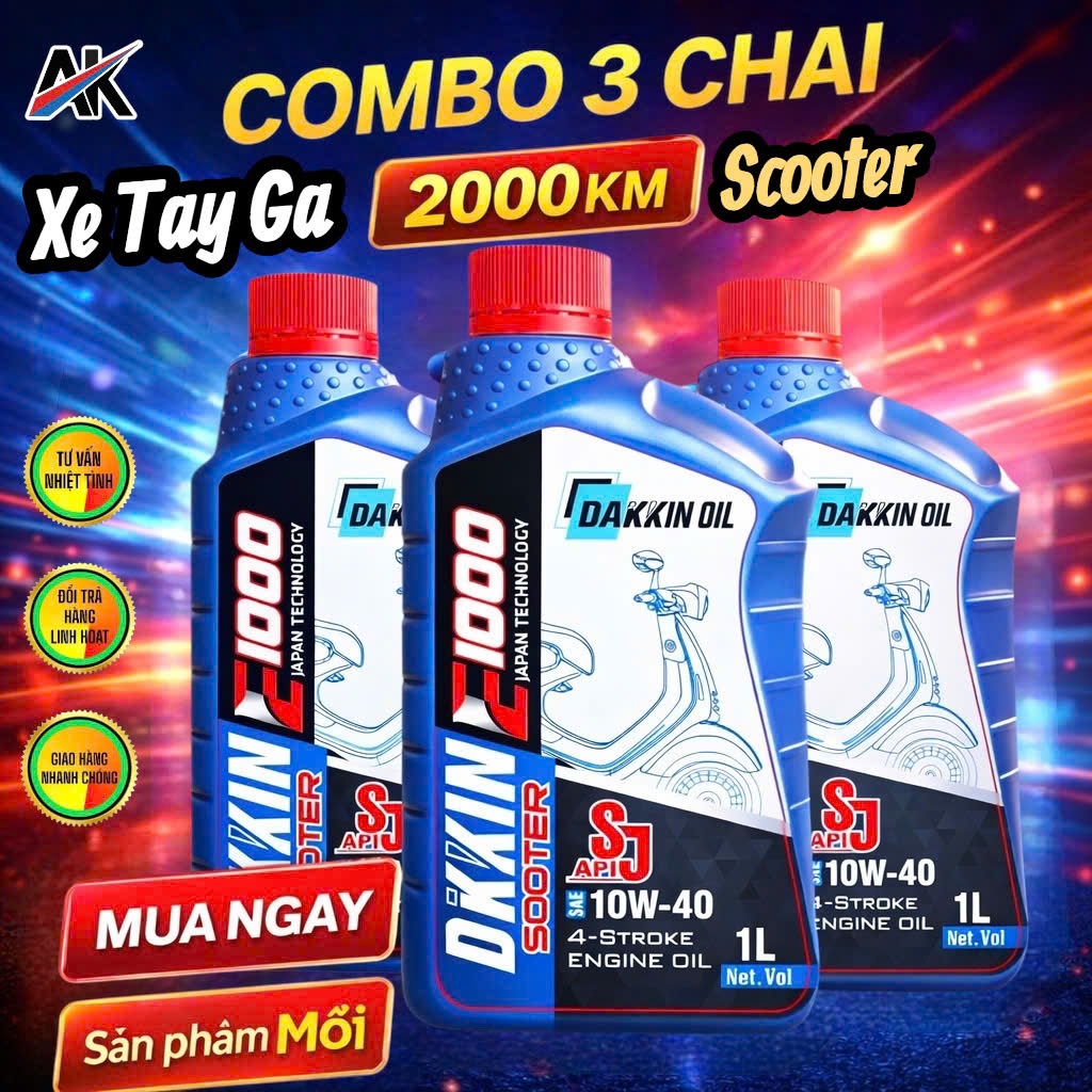 COMBO 3 CHAI DẦU NHỚT DAKKIN SCOOTER E1000 10W40 SJ 1L