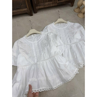 Áo sơ mi thô thêu hoa cộc tay dáng babydoll gấu ren #25106