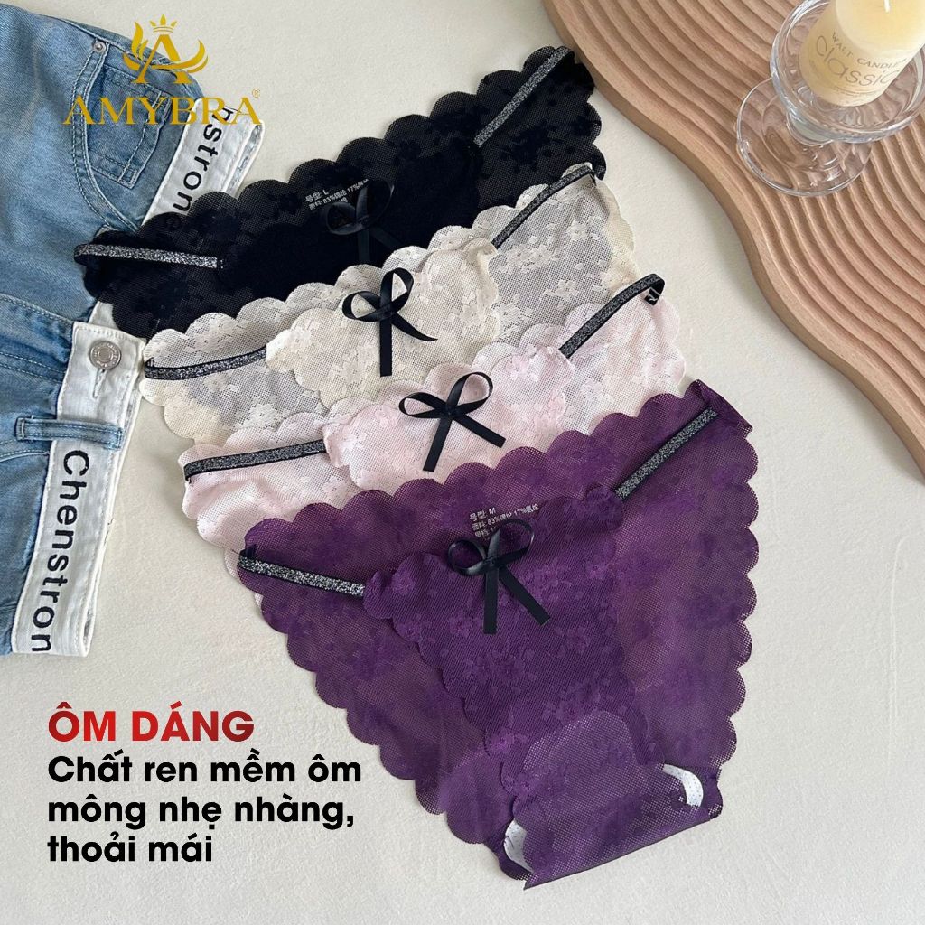 [ MẪU MỚI 2026 ] Quần Lót Ren Xuyên Thấu Quyến Rũ, Quần Chip Ren Nữ Đính Nơ Mềm Mại AMYBRA L1006