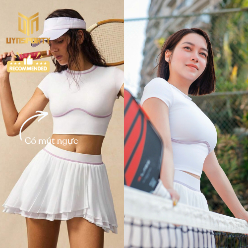 Đồ Tập Pickleball Nữ UYNSPORTY Áo Croptop Trắng Phối Viền Kèm Chân Váy Xếp Ly, Bộ Đồ Pickleball Nữ