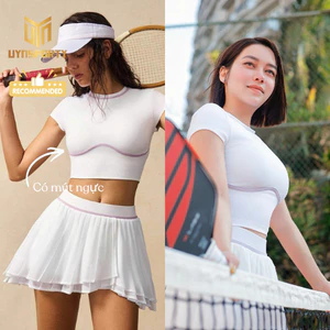 Đồ Tập Pickleball Nữ UYNSPORTY Áo Croptop Trắng Phối Viền Kèm Chân Váy Xếp Ly, Bộ Đồ Pickleball Nữ