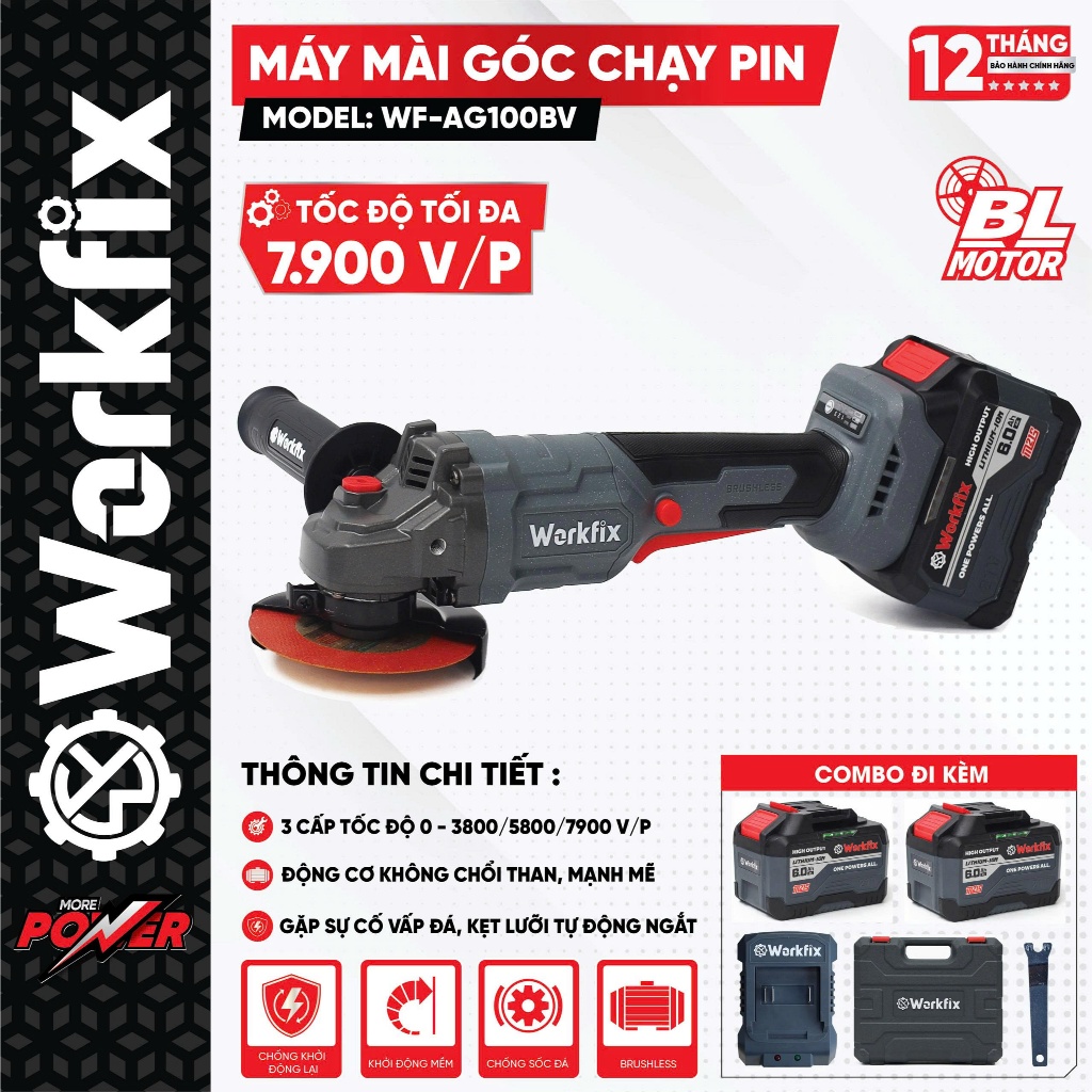 Máy Mài Góc, Máy Cắt  Workfix WF-AG100BV - Cắt Sắt, Mài Kim Loại, Lõi Đồng, Không Chổi Than