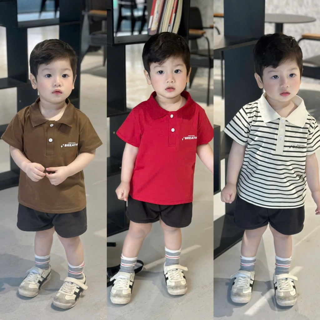 (VNTK)Áo Polo cộc tay KIDS in 2 mặt đáng yêu chất cotton mềm mịn,thoáng mát cho bé mặc nhà, đi học đi chơi size 9-24kg