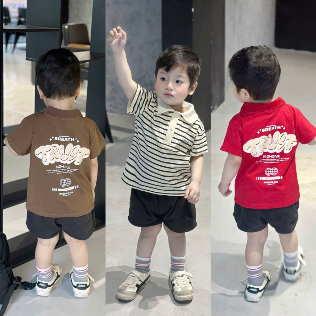 (VNTK)Áo Polo cộc tay KIDS in 2 mặt đáng yêu chất cotton mềm mịn,thoáng mát cho bé mặc nhà, đi học đi chơi size 9-24kg