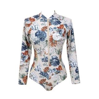 Monokini liền thân tay dài khóa kéo họa tiết hoa ôm body tôn dáng co giãn tốt nhanh khô thoáng khí bơi biển bơi hồ