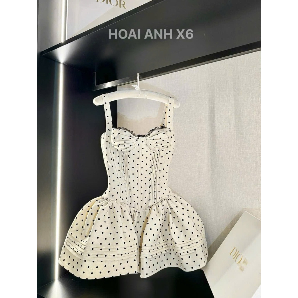 Đầm bèo 2s cup ngực 2 hoạ tiết chấm bi,ren đen - kem SML