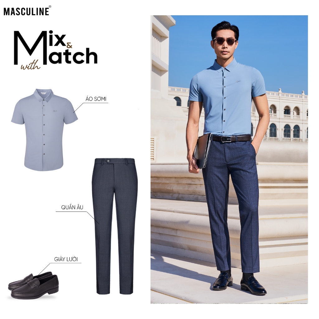 Áo sơ mi nam MASCULINE SMD600 ngắn tay chất liệu silk nylon spandex mềm mịn form regular