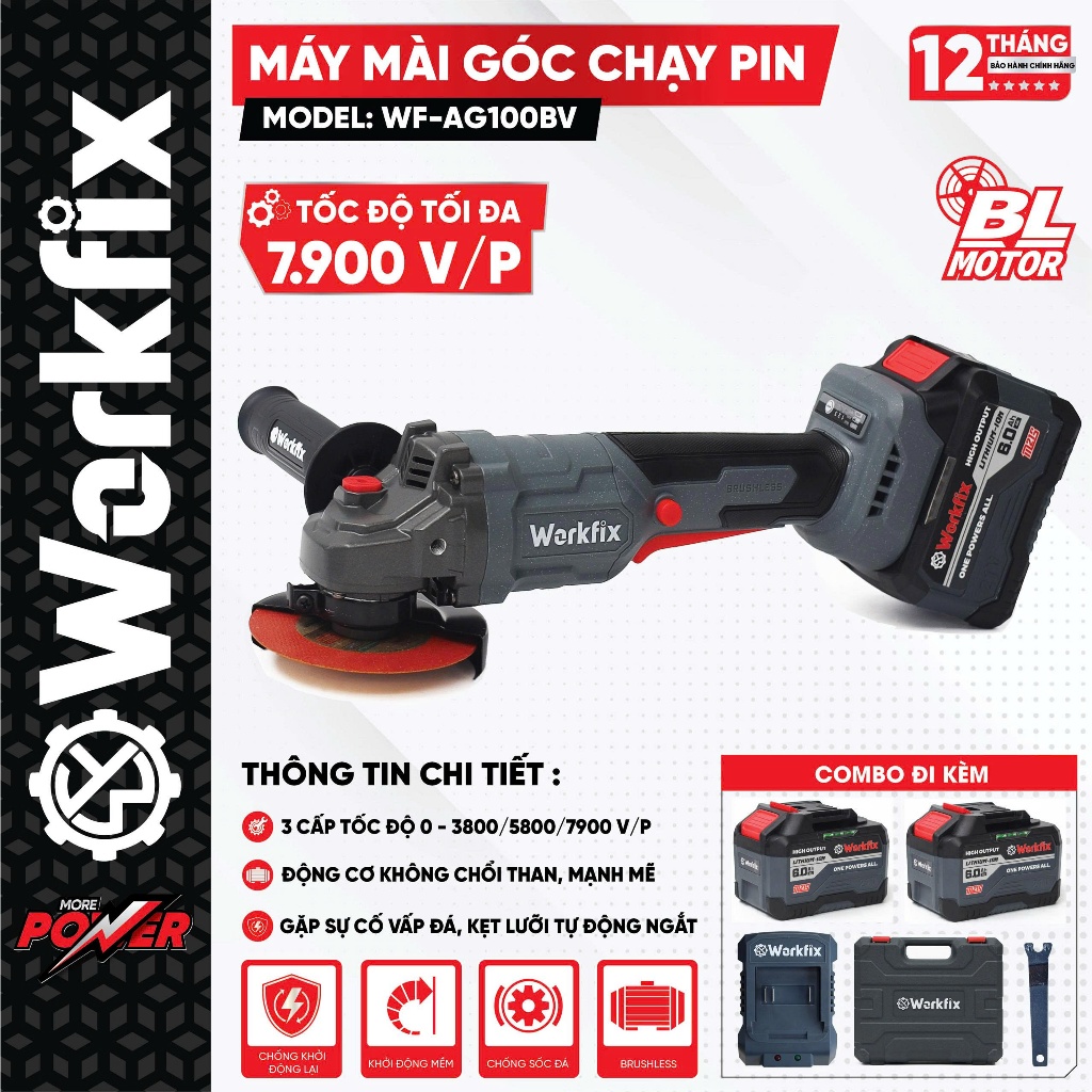 Máy Cắt Pin, Máy Mài Pin WORKFIX WF-AG100BV, 2 pin 15cell, Có tính năng chống xóc đá, chống khỏi động lại