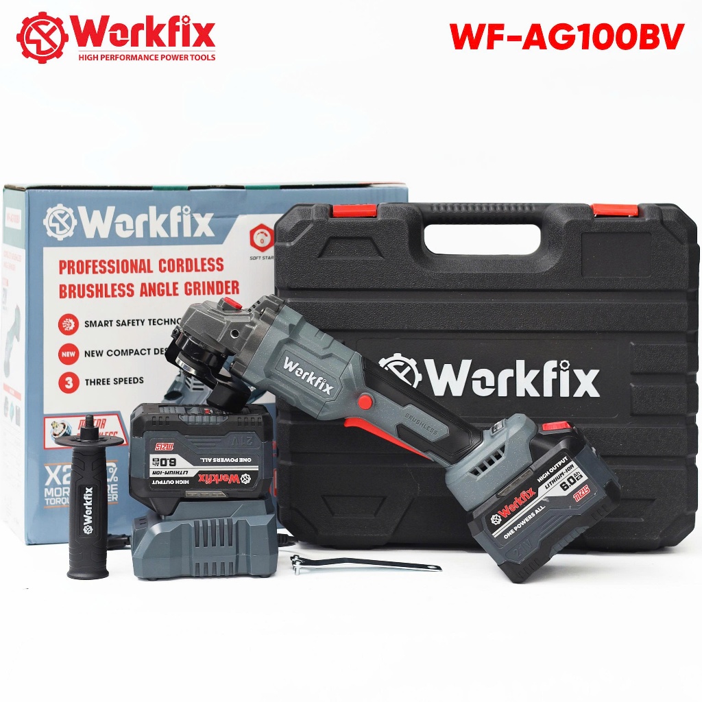 Máy Cắt Pin, Máy Mài Pin WORKFIX WF-AG100BV, 2 pin 15cell, Có tính năng chống xóc đá, chống khỏi động lại