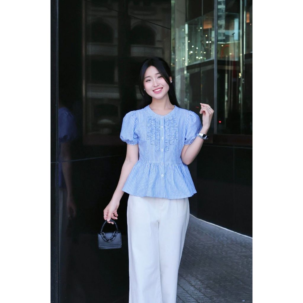 MARC FASHION Áo kiểu sọc tay phồng phối bèo ngực_CBAK022629