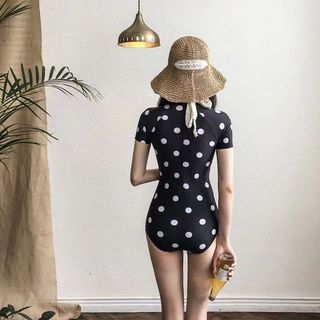Bikini liền thân tay ngắn cổ cao chấm bi ôm body tôn dáng co giãn tốt đồ bơi đi biển bơi hồ bơi sông