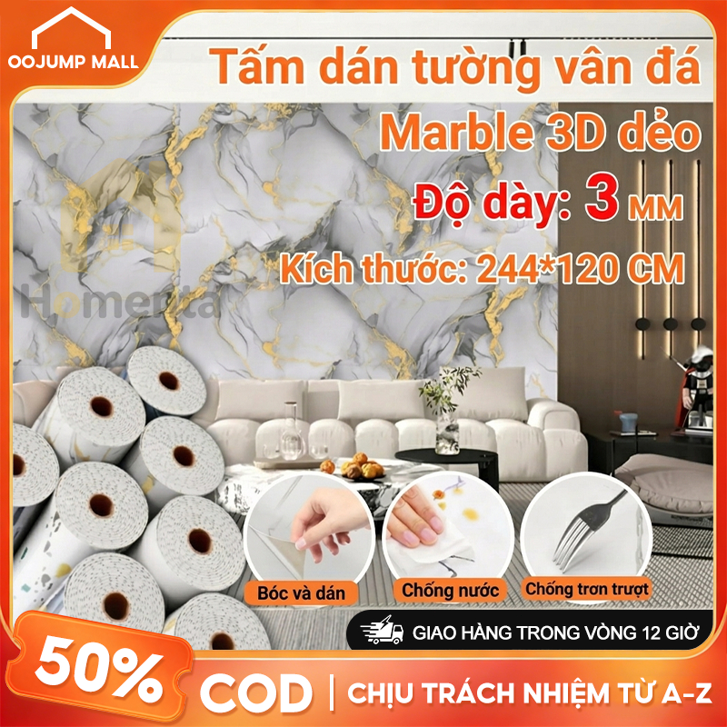 Giấy Dán Tường Xốp Dán Tường Vân Đá Giả PVC Cho Phòng Ngủ Và Phòng Khách Cách Nhiệt Chống Dầu Mỡ Chống Thấm Phủ Bóng