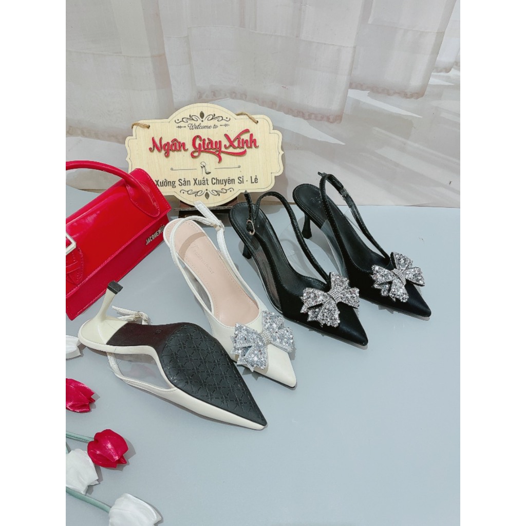 Giày Cao Gót Nữ Nơ Cánh Tiên Lụa Nhung Dịu Dàng Thanh Lịch Đi Tiệc 5-7cm