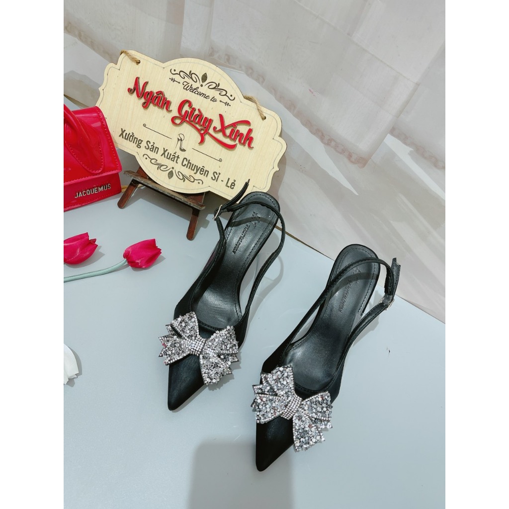 Giày Cao Gót Nữ Nơ Cánh Tiên Lụa Nhung Dịu Dàng Thanh Lịch Đi Tiệc 5-7cm