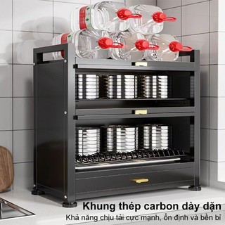 Tủ Dựng Chén Bát Dĩa thép carbon Chống bụi 360° Kệ Dựng Bát Dĩa Khay xả và ngăn kéo ở mỗi tầng