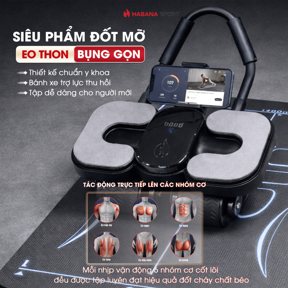 Máy tập bụng HABANA SPORT 4 bánh trợ lực 2026: Bán chạy (15k+), bảo hành 2 năm.