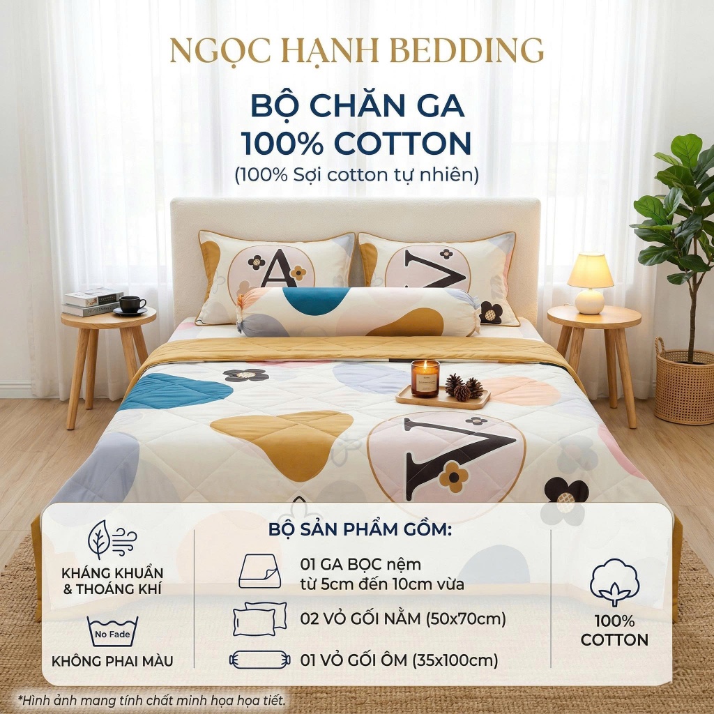 [Nệm 5cm đến 10cm ] BỘ GA COTTON 100%, KHÔNG PHA POLY, THOÁNG KHÍ, CÀNG GIẶT CÀNG MÁT - Ngọc Hạnh Bedding