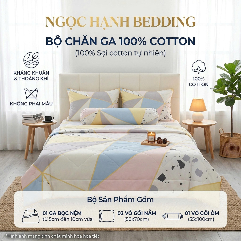 [Nệm 5cm đến 10cm ] BỘ GA COTTON 100%, KHÔNG PHA POLY, THOÁNG KHÍ, CÀNG GIẶT CÀNG MÁT - Ngọc Hạnh Bedding