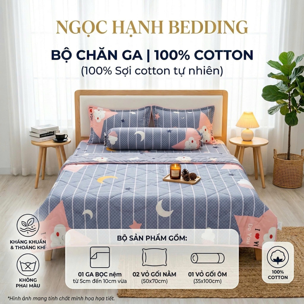 [Nệm 5cm đến 10cm ] BỘ GA COTTON 100%, KHÔNG PHA POLY, THOÁNG KHÍ, CÀNG GIẶT CÀNG MÁT - Ngọc Hạnh Bedding