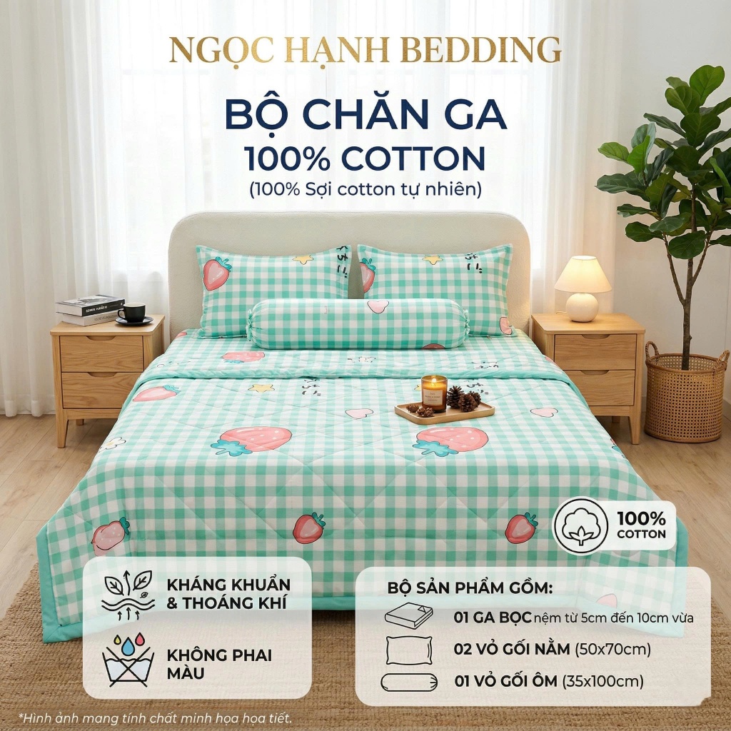 [Nệm 5cm đến 10cm ] BỘ GA COTTON 100%, KHÔNG PHA POLY, THOÁNG KHÍ, CÀNG GIẶT CÀNG MÁT - Ngọc Hạnh Bedding