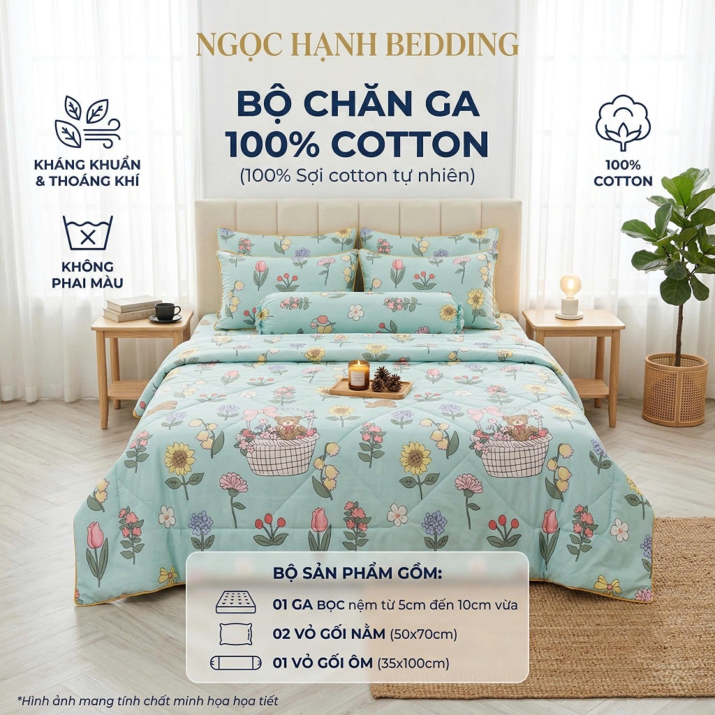 [Nệm 5cm đến 10cm ] BỘ GA COTTON 100%, KHÔNG PHA POLY, THOÁNG KHÍ, CÀNG GIẶT CÀNG MÁT - Ngọc Hạnh Bedding