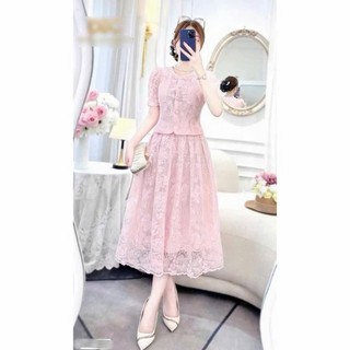 Set váy thời trang nữ mẫu mã sang xịn mịn chất Ren áo tay ngắn cổ tròn tay ngắn viền cườm phối chân váy dài xoè lót Lụa