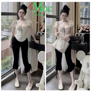 AXT_ Set bộ mặc nhà, set áo bi ôm body tay bồng khóa kéo trước + quần ngố ống loe có thun sau