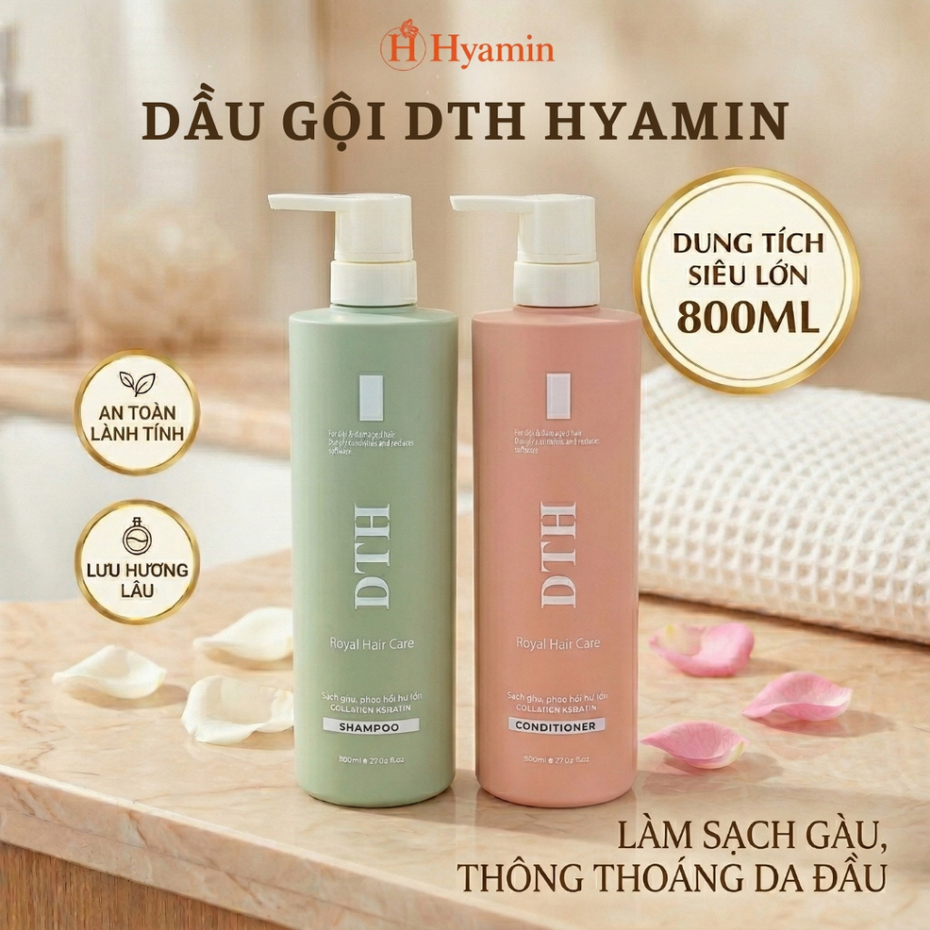 Bộ Dầu Gội Xả DTH Royal Hyamin sạch gàu phục hồi tóc hư tổn suôn mượt 800ml