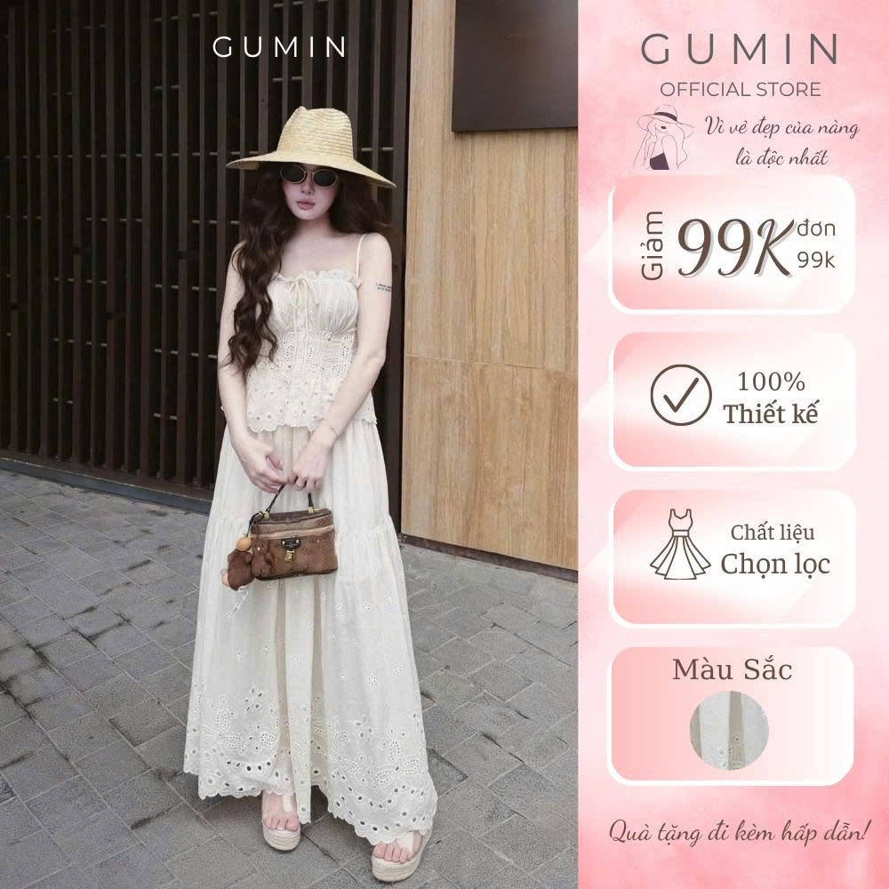 Set hai dây GUMIN thiết kế áo 2 dây dáng ngắn phối ren bèo kèm chân váy xoè dài thô boi thêu sang trọng thanh lịch