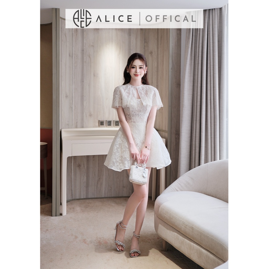 Set Váy Ren Choàng Tiểu Thư Alice, Váy 2 Dây Dáng Xòe Ngắn Phối Áo Choàng Rời Dáng Ngắn V1466