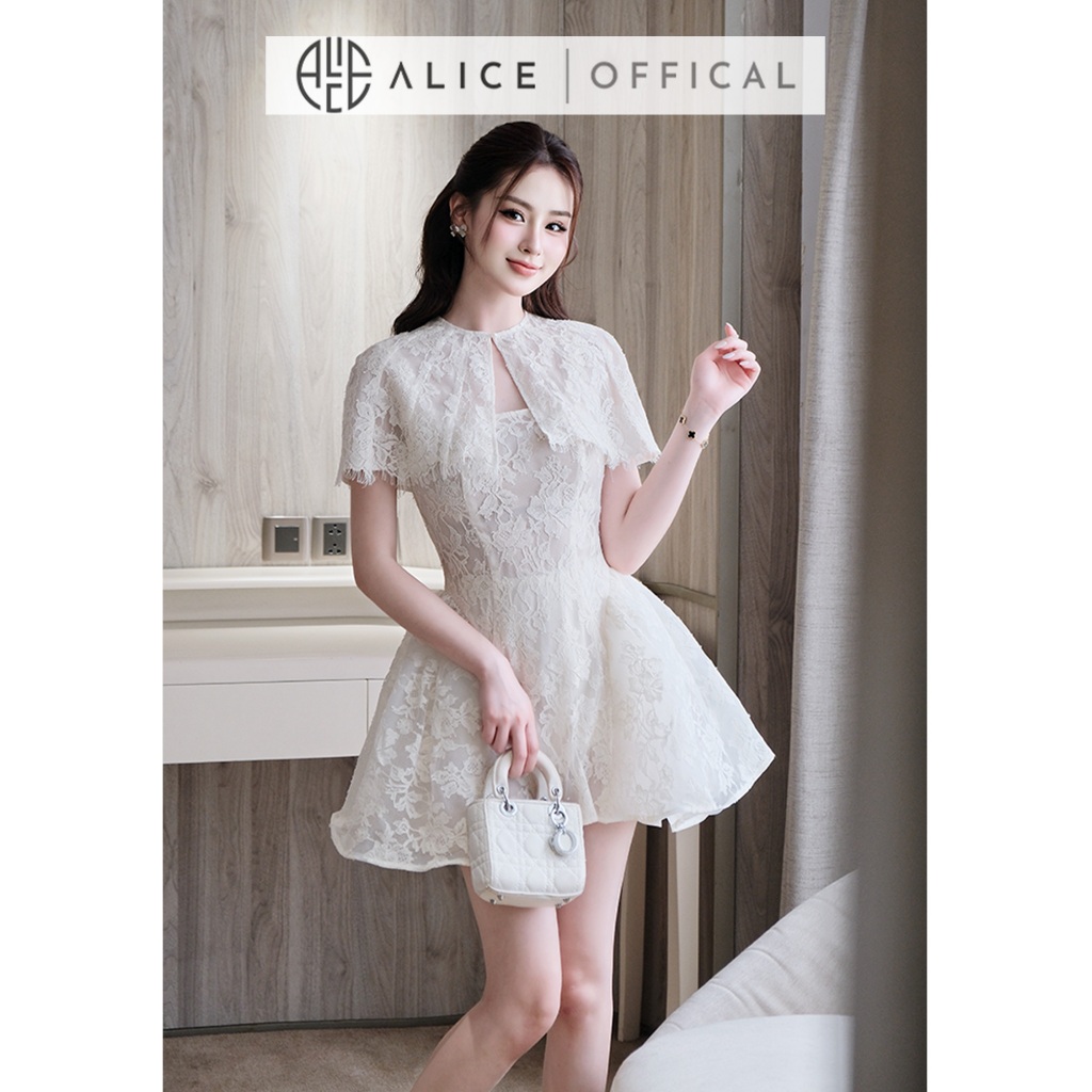 Set Váy Ren Choàng Tiểu Thư Alice, Váy 2 Dây Dáng Xòe Ngắn Phối Áo Choàng Rời Dáng Ngắn V1466