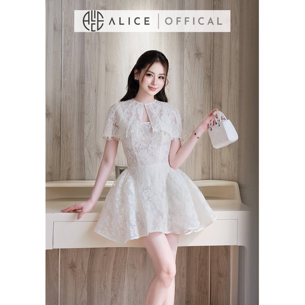 Set Váy Ren Choàng Tiểu Thư Alice, Váy 2 Dây Dáng Xòe Ngắn Phối Áo Choàng Rời Dáng Ngắn V1466