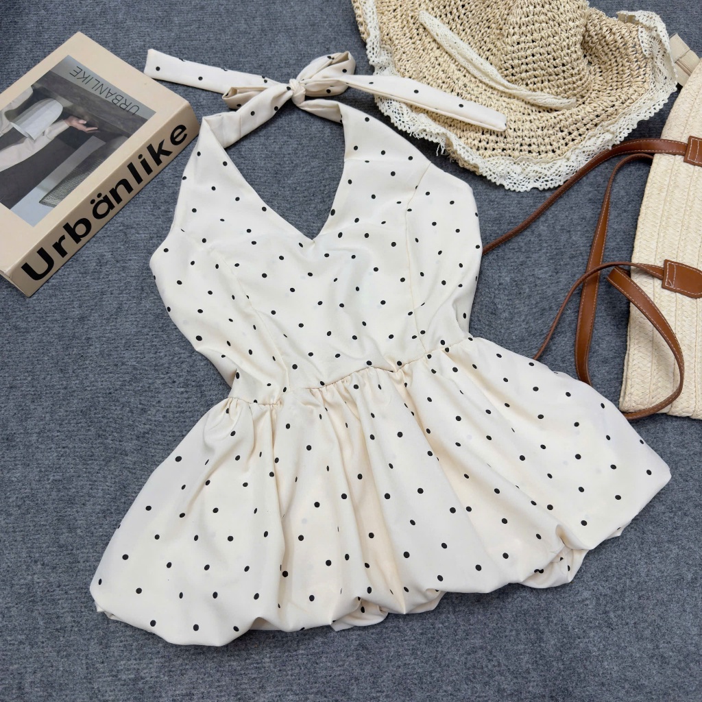 Áo Bigsize Nữ Cổ Yếm Chấm Bi  – Babydoll Nhún Eo Che Bụng, Tôn Dáng, Vải Lụa Mềm Mát 55–92kg A193