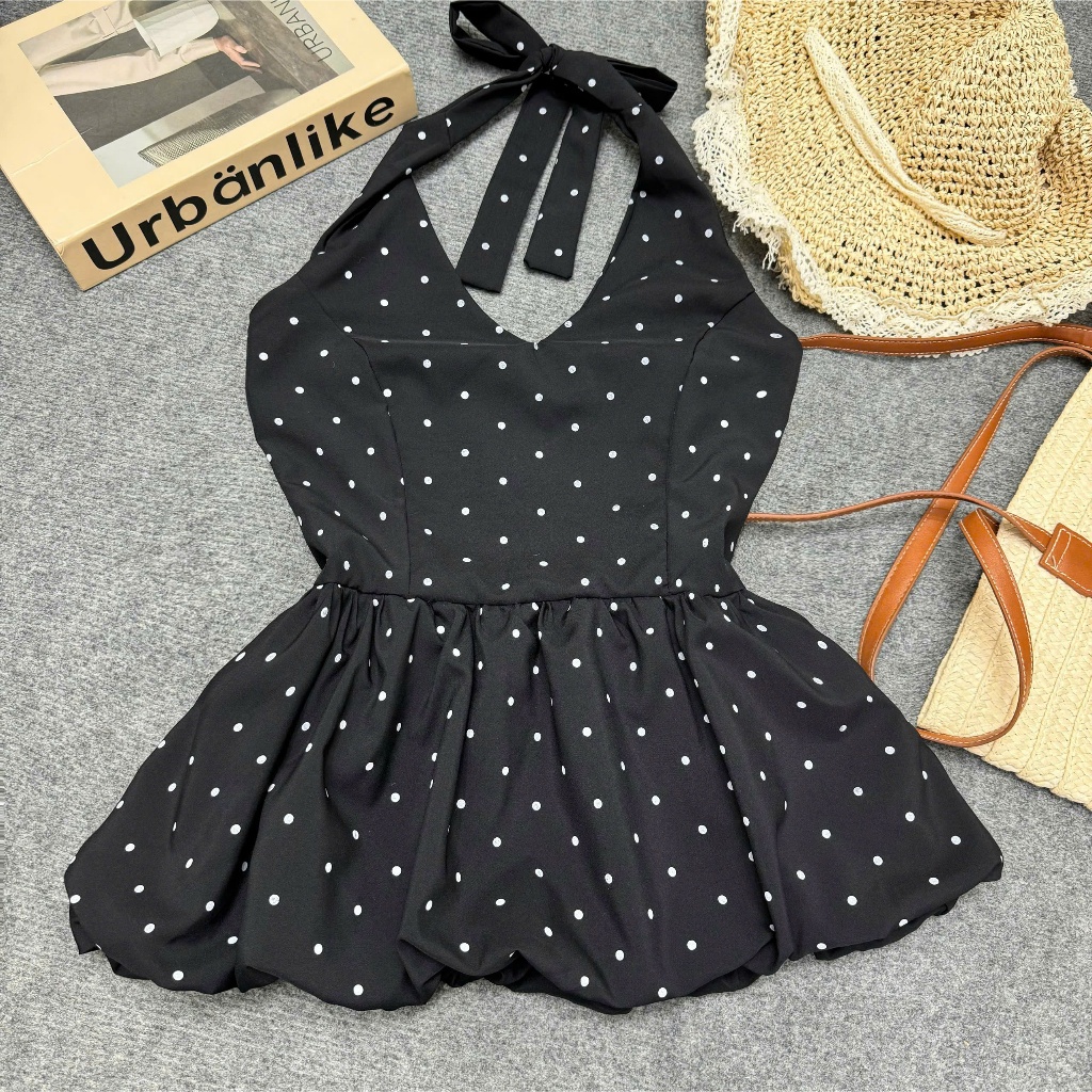 Áo Bigsize Nữ Cổ Yếm Chấm Bi  – Babydoll Nhún Eo Che Bụng, Tôn Dáng, Vải Lụa Mềm Mát 55–92kg A193