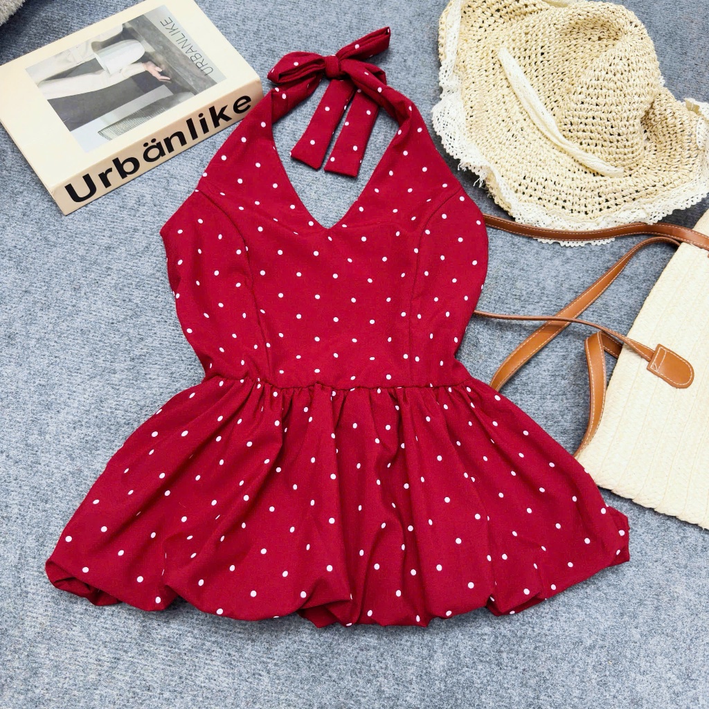 Áo Bigsize Nữ Cổ Yếm Chấm Bi  – Babydoll Nhún Eo Che Bụng, Tôn Dáng, Vải Lụa Mềm Mát 55–92kg A193