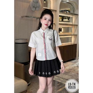 Áo sơ mi thô Thôm cổ đức sọc đỏ túi vuông đáp hình cún dài tay/cộc tay #26116-26118